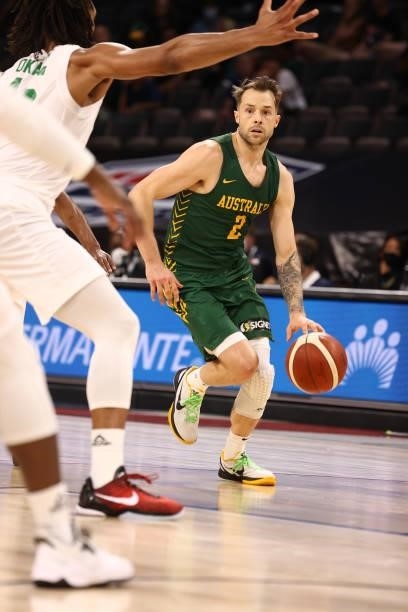 Nathan Sobey of the Australia Men's National Team dribbles during the game against the Nigeria Men's National Team on July 13, 2021 Michelob ULTRA...