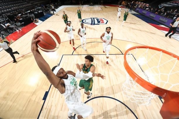 Josh Okogie of the Nigeria Men's National Team drives to the basket against the Australia Men's National Team on July 13, 2021 at Michelob ULTRA...