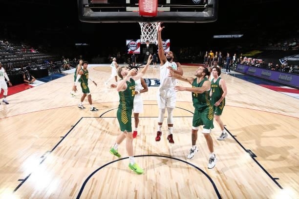 Jahlil Okafor of the Nigeria Men's National Team shoots the ball against the Australia Men's National Team on July 13, 2021 at Michelob ULTRA Arena...