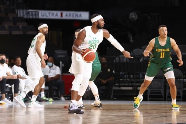 Josh Okogie of the Nigeria Men's National Team handles the ball against the Australia Men's National Team on July 13, 2021 at Michelob ULTRA Arena in...