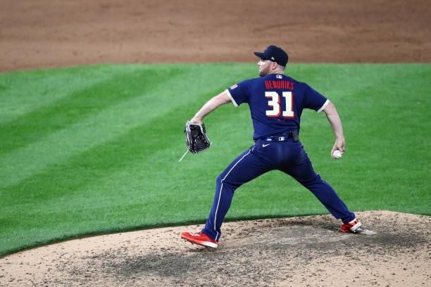 Liam Hendriks of the Chicago White Sox pitches during the 91st MLB All-Star Game presented by Mastercard at Coors Field on Tuesday, July 13, 2021 in...