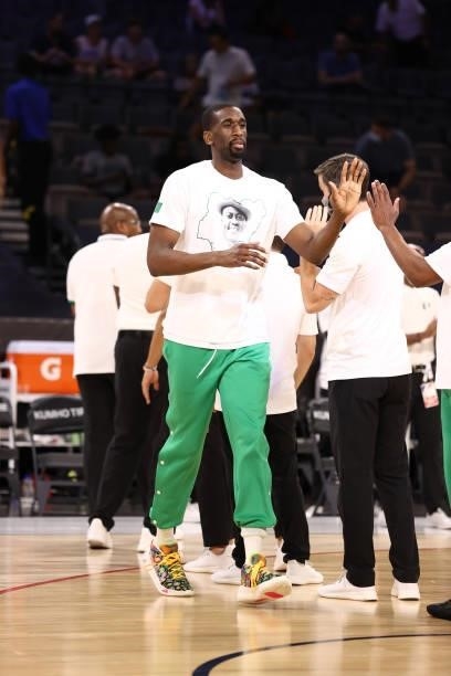 Ekpe Udoh of the Nigeria Men's National Team warms up before the game against the Australia Men's National Team on July 13, 2021 Michelob ULTRA Arena...