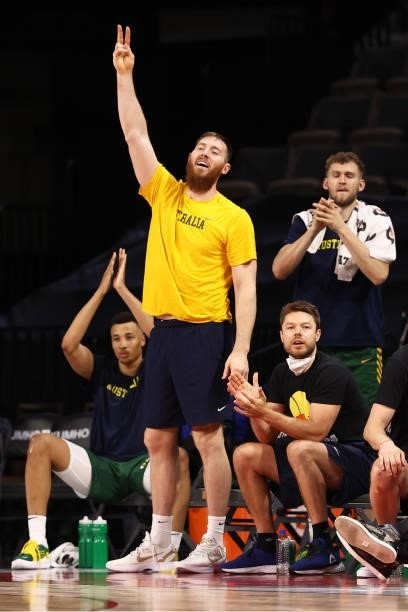 Aron Baynes of the Australia Men's National Team celebrates during the game against the Nigeria Men's National Team on July 13, 2021 Michelob ULTRA...
