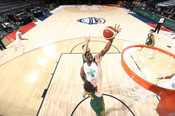 Ekpe Udoh of the Nigeria Men's National Team drives to the basket against the Australia Men's National Team on July 13, 2021 at Michelob ULTRA Arena...