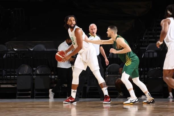 Jahlil Okafor of the Nigeria Men's National Team handles the ball against the Australia Men's National Team on July 13, 2021 at Michelob ULTRA Arena...