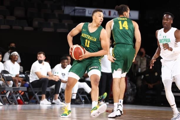 Dante Exum of the Australia Men's National Team handles the ball during the game against the Nigeria Men's National Team on July 13, 2021 at Michelob...