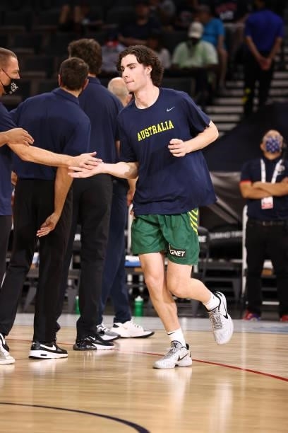 Josh Giddey of the Australia Men's National Team warms up before the game against the Nigeria Men's National Team on July 13, 2021 Michelob ULTRA...