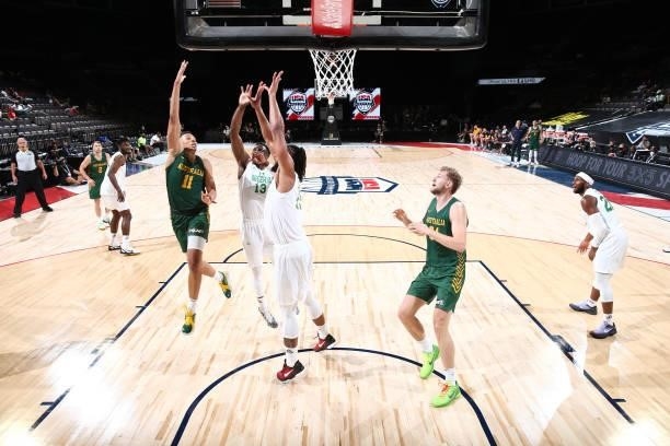 Dante Exum of the Australia Men's National Team shoots the ball against the Nigeria Men's National Team on July 13, 2021 at Michelob ULTRA Arena in...