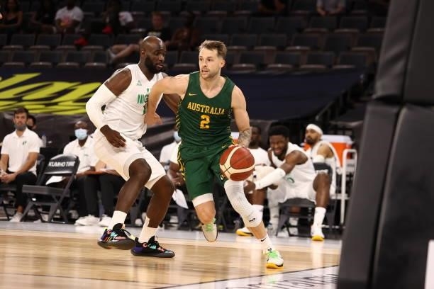 Nathan Sobey of the Australia Men's National Team drives to the basket against the Nigeria Men's National Team on July 13, 2021 Michelob ULTRA Arena...