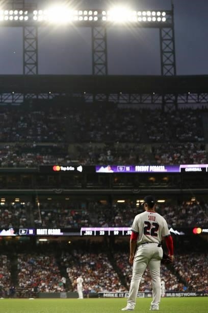 Juan Soto of the Washington Nationals waits in the outfield during the 91st MLB All-Star Game presented by Mastercard at Coors Field on Tuesday, July...