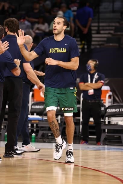 Xavier Cooks of the Australia Men's National Team warms up before the game against the Nigeria Men's National Team on July 13, 2021 Michelob ULTRA...