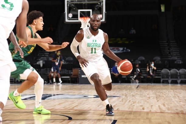 Obi Emegano of the Nigeria Men's National Team drives to the basket against the Australia Men's National Team on July 13, 2021 at Michelob ULTRA...