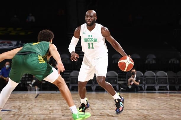 Obi Emegano of the Nigeria Men's National Team dribbles the ball against the Australia Men's National Team on July 13, 2021 at Michelob ULTRA Arena...
