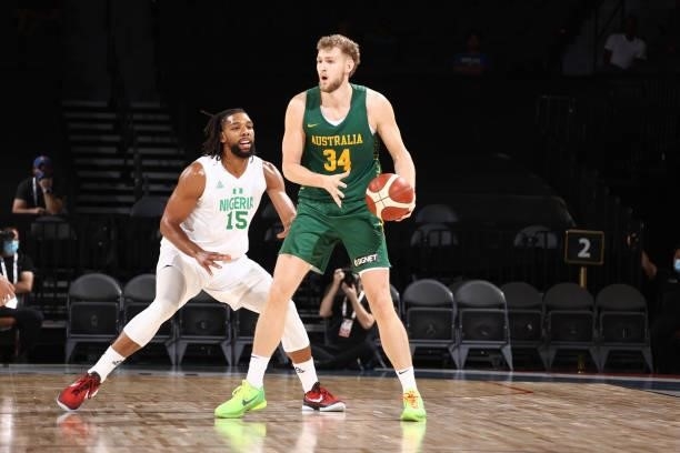 Jock Landale of the Australia Men's National Team handles the ball during the game against the Nigeria Men's National Team on July 13, 2021 at...