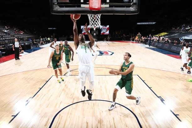 Ike Iroegbu of the Nigeria Men's National Team drives to the basket against the Australia Men's National Team on July 13, 2021 at Michelob ULTRA...