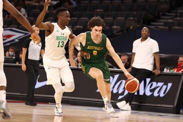 Josh Giddey of the Australia Men's National Team drives to the basket against the Nigeria Men's National Team on July 13, 2021 Michelob ULTRA Arena...