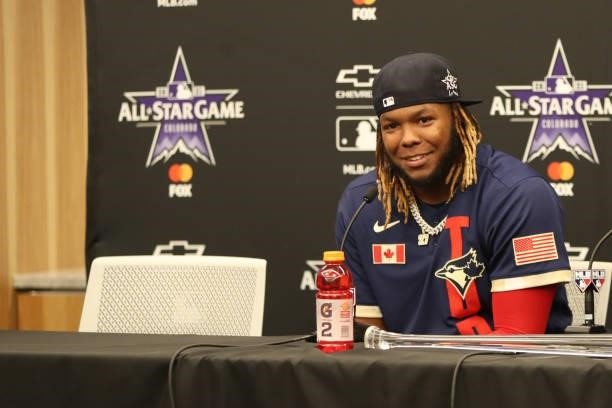 Vladimir Guerrero Jr. #27 of the Toronto Blue Jays addresses media after the game between the American League team and the National League team...