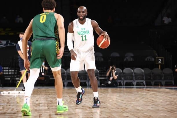 Obi Emegano of the Nigeria Men's National Team dribbles the ball against the Australia Men's National Team on July 13, 2021 at Michelob ULTRA Arena...