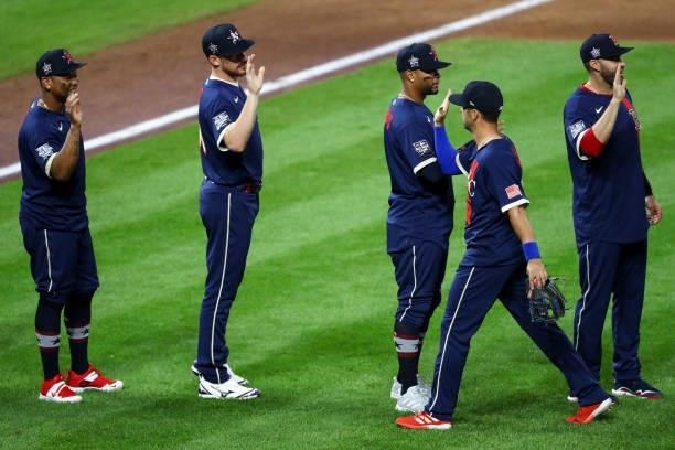 The American League Team celebrates winning the 91st MLB All-Star Game presented by Mastercard at Coors Field on Tuesday, July 13, 2021 in Denver,...