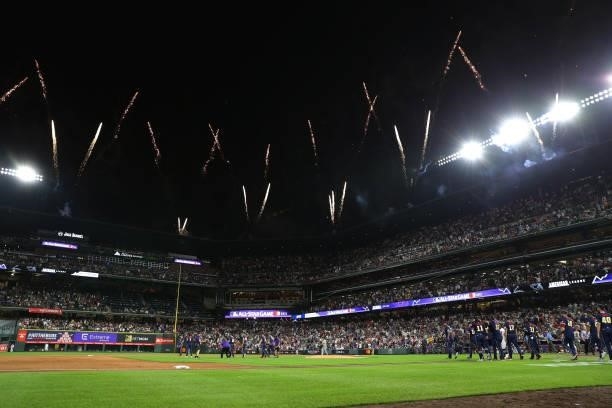 Fireworks are seen after the American League defeated the National League, 5-2, in the 91st MLB All-Star Game presented by Mastercard at Coors Field...