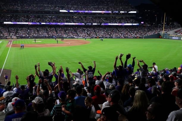 Fans cheer during the 91st MLB All-Star Game presented by Mastercard at Coors Field on Tuesday, July 13, 2021 in Denver, Colorado.