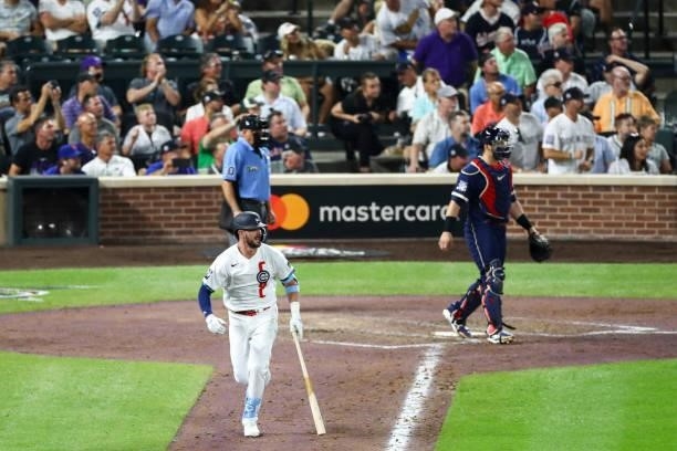 Kris Bryant of the Chicago Cubs runs to first during the 91st MLB All-Star Game presented by Mastercard at Coors Field on Tuesday, July 13, 2021 in...