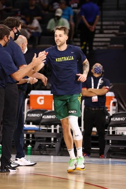 Nathan Sobey of the Australia Men's National Team warms up before the game against the Nigeria Men's National Team on July 13, 2021 Michelob ULTRA...