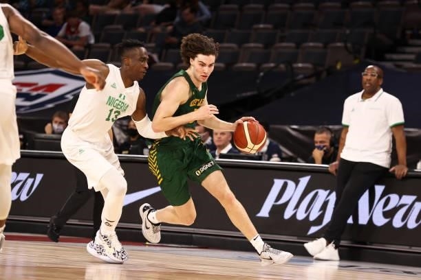 Josh Giddey of the Australia Men's National Team drives to the basket against the Nigeria Men's National Team on July 13, 2021 Michelob ULTRA Arena...
