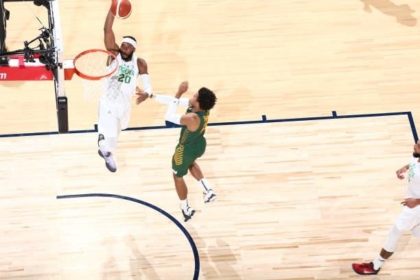 Josh Okogie of the Nigeria Men's National Team dunks the ball against the Australia Men's National Team on July 13, 2021 at Michelob ULTRA Arena in...