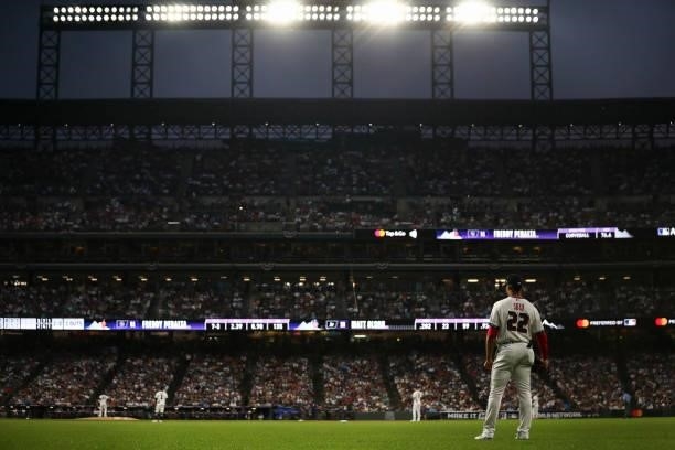 Juan Soto of the Washington Nationals waits in the outfield during the 91st MLB All-Star Game presented by Mastercard at Coors Field on Tuesday, July...