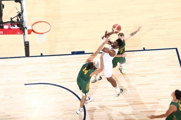 Chimezie Metu of the Nigeria Men's National Team drives to the basket against the Australia Men's National Team on July 13, 2021 at Michelob ULTRA...