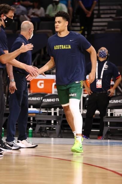 Joshua Benjamin Green of the Australia Men's National Team warms up before the game against the Nigeria Men's National Team on July 13, 2021 Michelob...