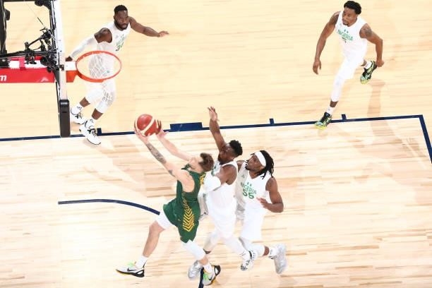 Nathan Sobey of the Australia Men's National Team drives to the basket against the Nigeria Men's National Team on July 13, 2021 at Michelob ULTRA...