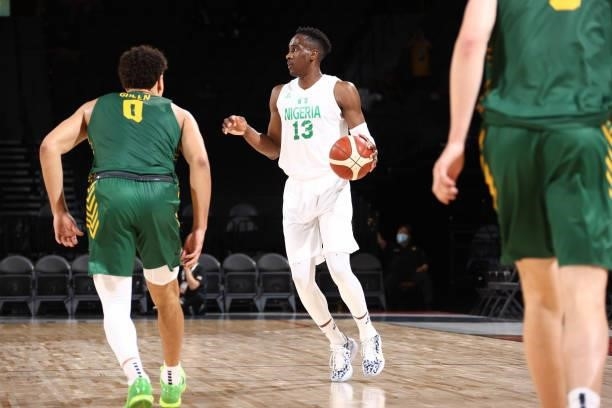 Miye Oni of the Nigeria Men's National Team handles the ball against the Australia Men's National Team on July 13, 2021 at Michelob ULTRA Arena in...