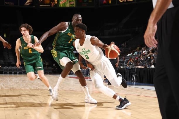 Calab Agada of the Nigeria Men's National Team drives to the basket against the Australia Men's National Team on July 13, 2021 at Michelob ULTRA...