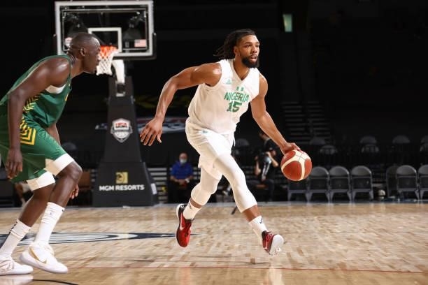 Jahlil Okafor of the Nigeria Men's National Team dribbles the ball during the game against the Australia Men's National Team on July 13, 2021 at...