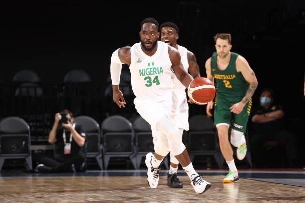 Ike Nwamu of the Nigeria Men's National Team dribbles the ball against the Australia Men's National Team on July 13, 2021 at Michelob ULTRA Arena in...