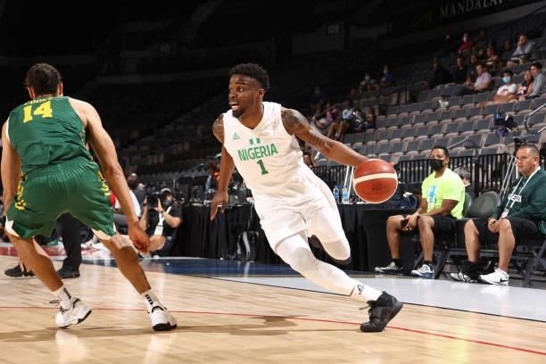 Ike Iroegbu of the Nigeria Men's National Team drives to the basket against the Australia Men's National Team on July 13, 2021 at Michelob ULTRA...