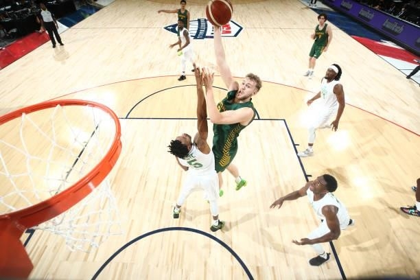 Jock Landale of the Australia Men's National Team drives to the basket against the Nigeria Men's National Team on July 13, 2021 at Michelob ULTRA...