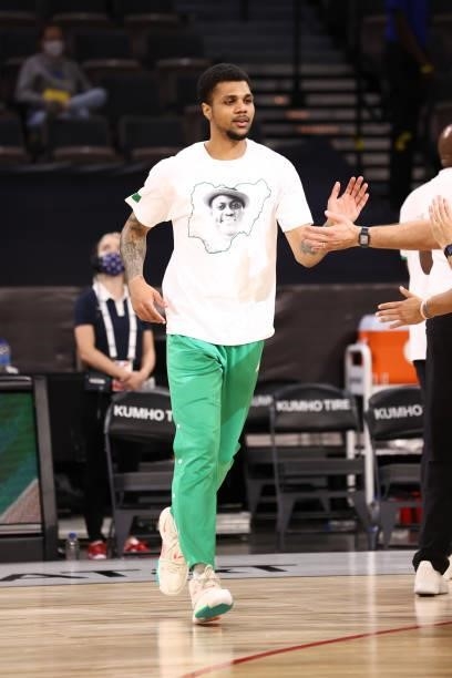 Michael Gbinije of the Nigeria Men's National Team warms up before the game against the Australia Men's National Team on July 13, 2021 Michelob ULTRA...