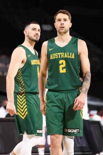 Chris Goulding of the Australia Men's National Team and teammates Nathan Sobey look on during the game against the Nigeria Men's National Team on...