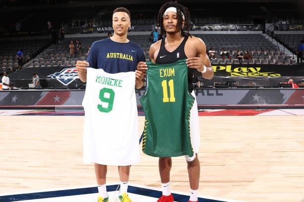 Dante Exum of the Australia Men's National Team and Chima Moneke of the Nigeria Men's National Team exchange jerseys after the game on July 13, 2021...