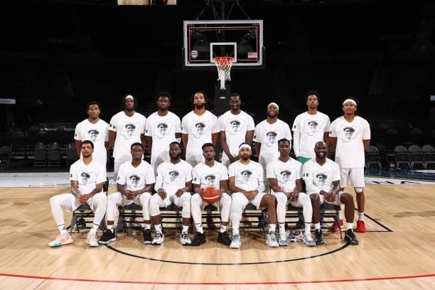 The Nigeria Men's National Team pose for a group photo after the game against the Australia Men's National Team on July 13, 2021 at Michelob ULTRA...
