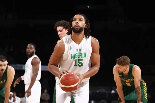 Jahlil Okafor of the Nigeria Men's National Team shoots a free throw against the Australia Men's National Team on July 13, 2021 at Michelob ULTRA...