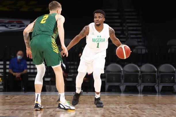 Ike Iroegbu of the Nigeria Men's National Team handles the ball against the Australia Men's National Team on July 13, 2021 at Michelob ULTRA Arena in...