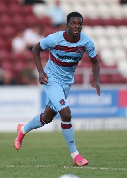 Adempipo Odubeko of West Ham United during the Pre-season friendly between Northampton Town and West Ham United at Sixfields on July 13, 2021 in...