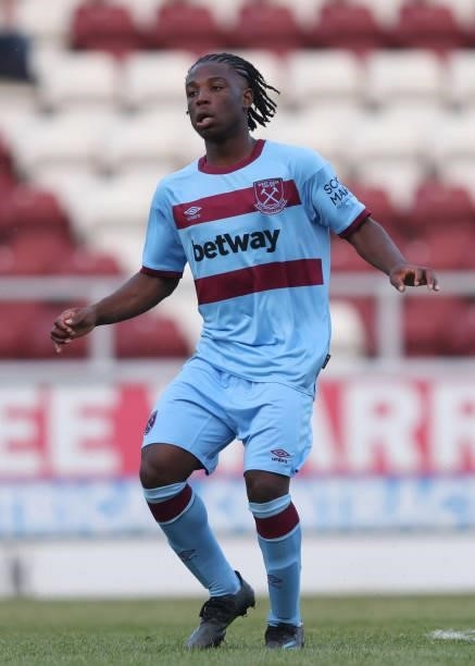 Keenan Appiah-Forson of West Ham United during the Pre-season friendly between Northampton Town and West Ham United at Sixfields on July 13, 2021 in...
