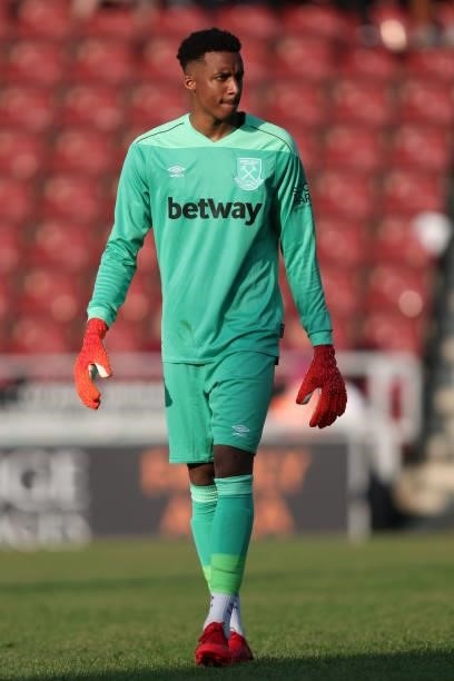Nathan Trott of West Ham United. During the Pre-season friendly between Northampton Town and West Ham United at Sixfields on July 13, 2021 in...