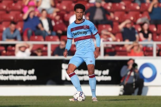 Frederik Alves of West Ham United during the Pre-season friendly between Northampton Town and West Ham United at Sixfields on July 13, 2021 in...