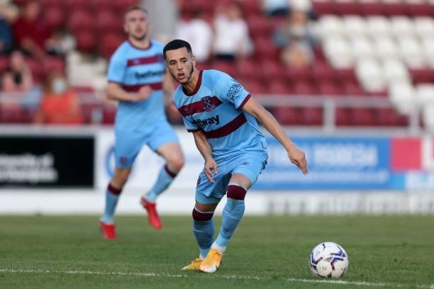 Nathan Holland of West Ham United during the Pre-season friendly between Northampton Town and West Ham United at Sixfields on July 13, 2021 in...